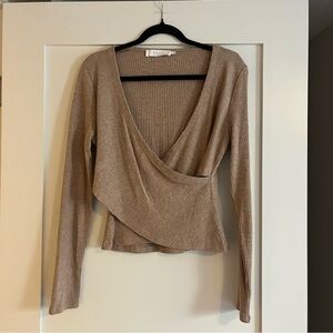 Astr Tan Ribbed Wrap Long Sleeve Top